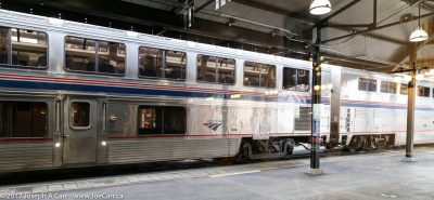 Dining and sleeping cars as the train pulls into the KIng St Station in Seattle