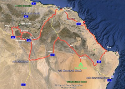 Map of our 4x4 drives in Oman,