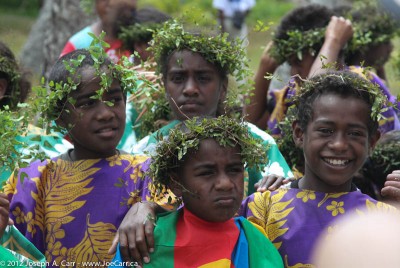 Children dressed for welcome ceremony at Wabao village, Ile de Mare, New Caledonia