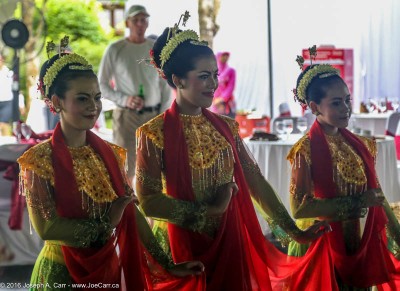 Young women performing traditional Javanese dance for us at the Borobudur temple, Java, Indonesia