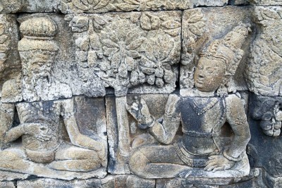3-D relief stone carvings telling stories about Buddha, Borobudur temple Java, Indonesia