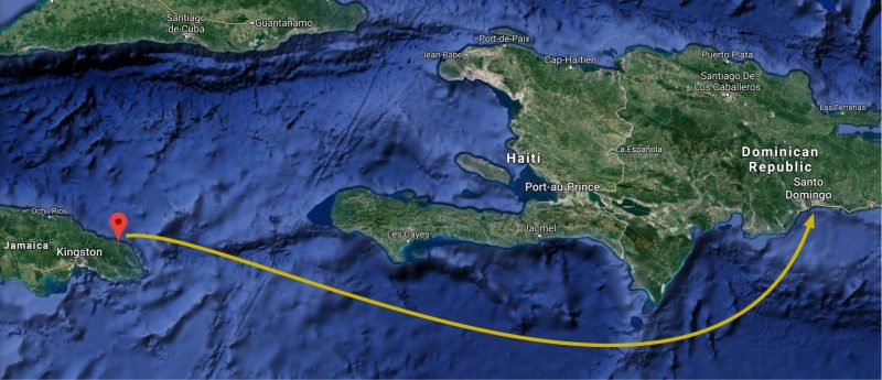 Map of a day at sea between Port Antonio, Jamaica and Santo Domingo, Dominican Republic