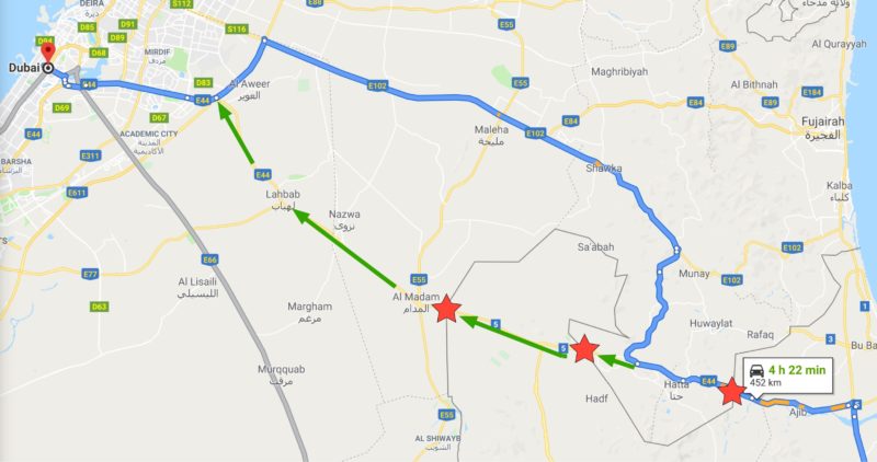 Crossing the UAE-Oman border 3 times - map