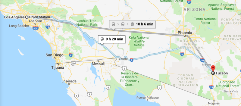 Map of Amtrak's Sunset Limited train route between LA and Tucson