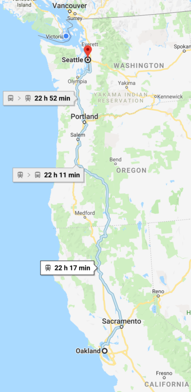 Oakland to Seattle by Amtrak train Coast Starlight - map