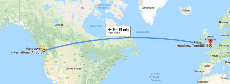 Heathrow to Vancouver flight map