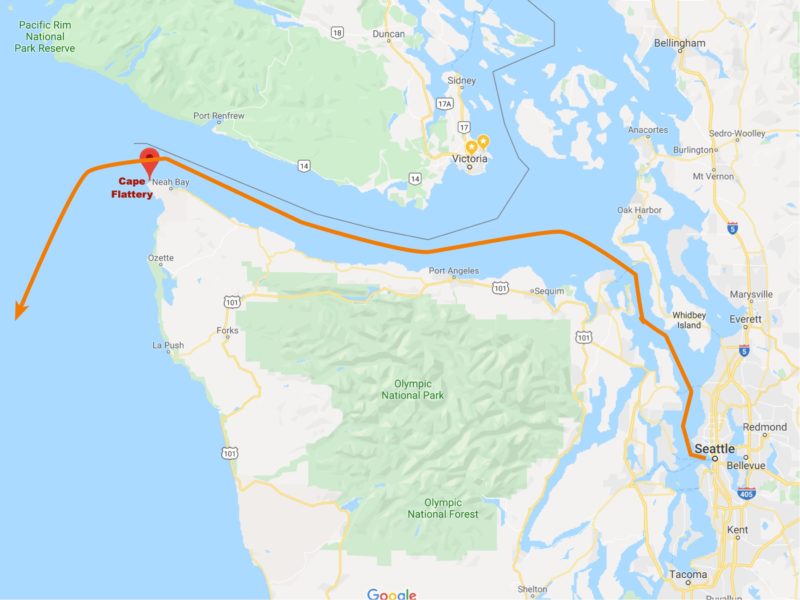 Volendam's departure route from Seattle - map