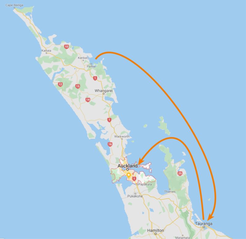 Bay of Islands to Tauranga to Auckland route map