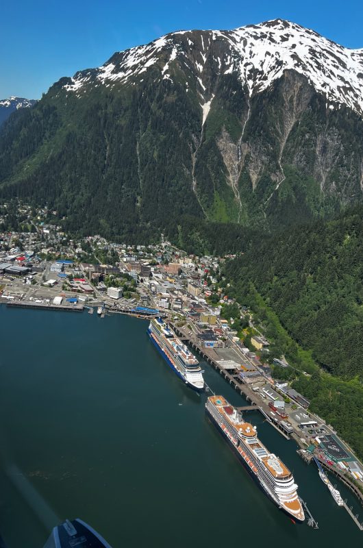 Over flying Juneau with cruise ships and Mt. Roberts - Five Glacier Seaplane excursion