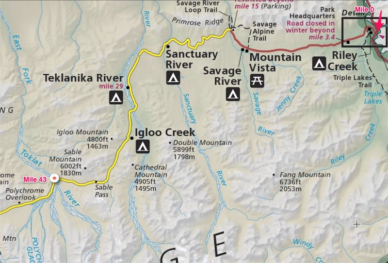 Denali Park Road map - Mile 0 to 43
