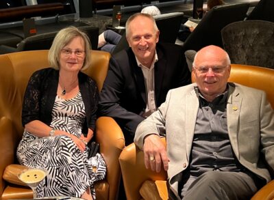 Celebrating Joe's 70th birthday in the Crow's Nest lounge with Marilyn and Lyle aboard Koningsdam, sailing the North Pacific Ocean
