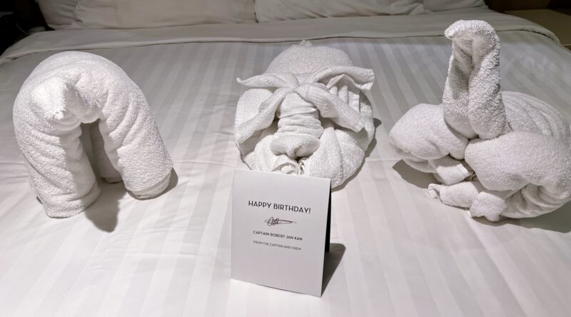 Happy Birthday wishes from the captain and 3 towel art from my room stewards