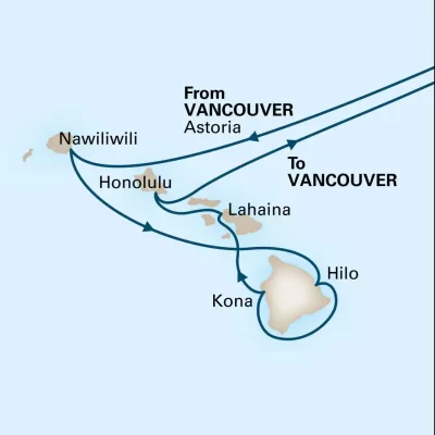 2023 Vancouver to Hawai'i - Koningsdam's route map. Note: an overnight in Honolulu was substituted for the port call to Lahaina