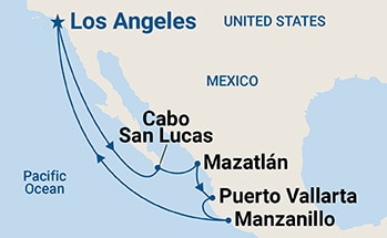 2024 Total Solar Eclipse cruise map - note that Manzanillo and Puerto Vallarta port calls were later switched!